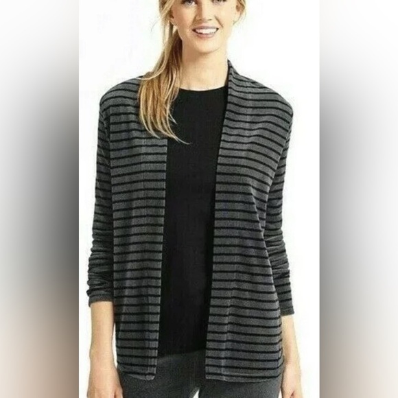 Talbots Sweaters - Talbots Women's Black and Gray‎ Velour Open Cardigan Striped Size Medium